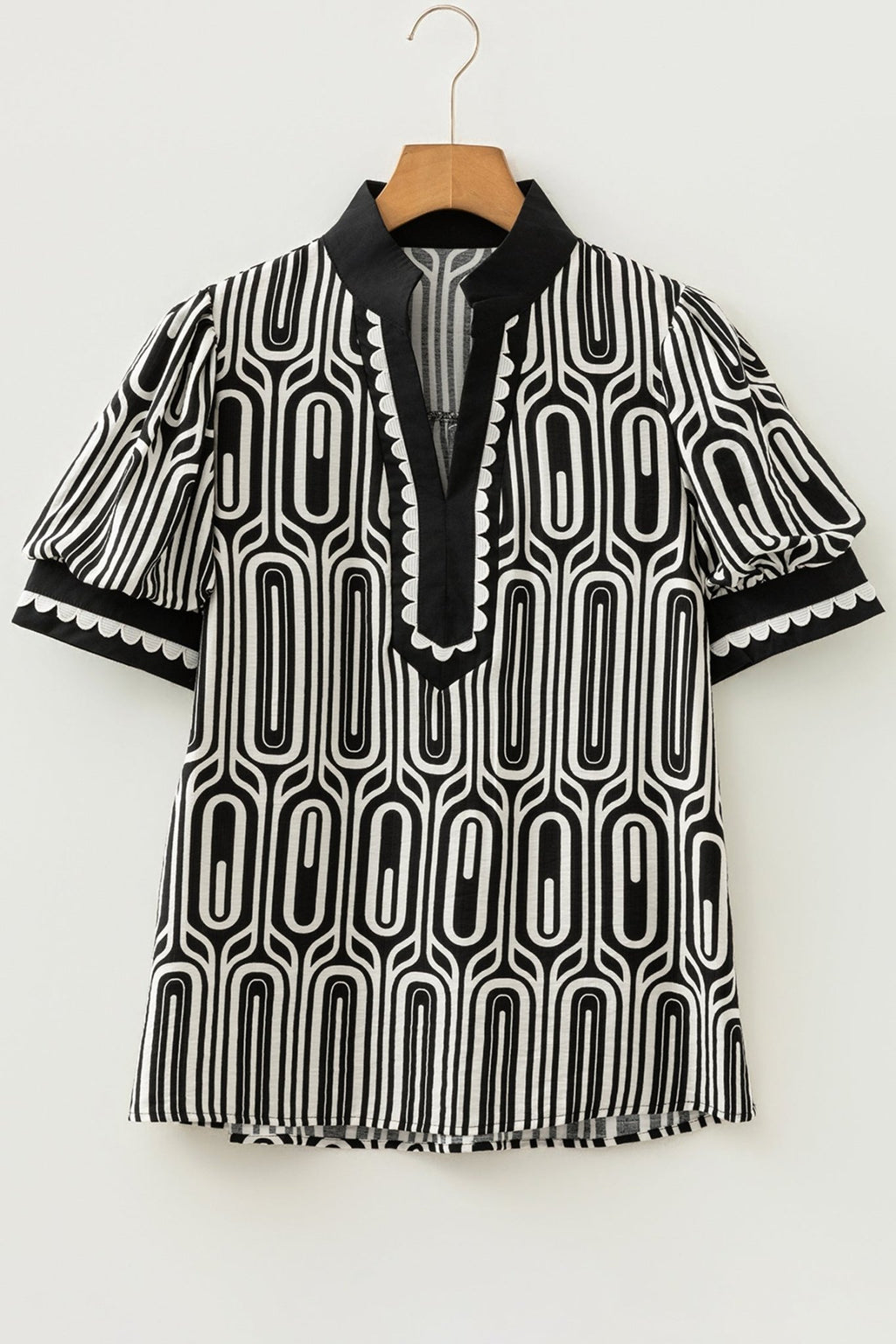Geometric Scallop Trim Patchwork Puff Sleeve Blouse - Rooted & Reckless Co.