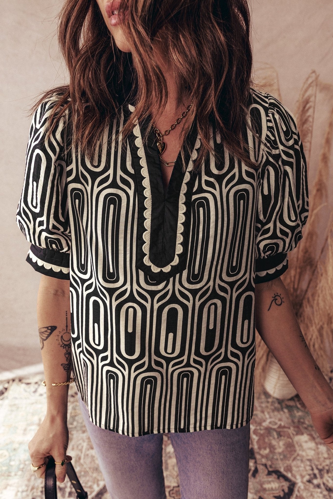 Geometric Scallop Trim Patchwork Puff Sleeve Blouse - Rooted & Reckless Co.
