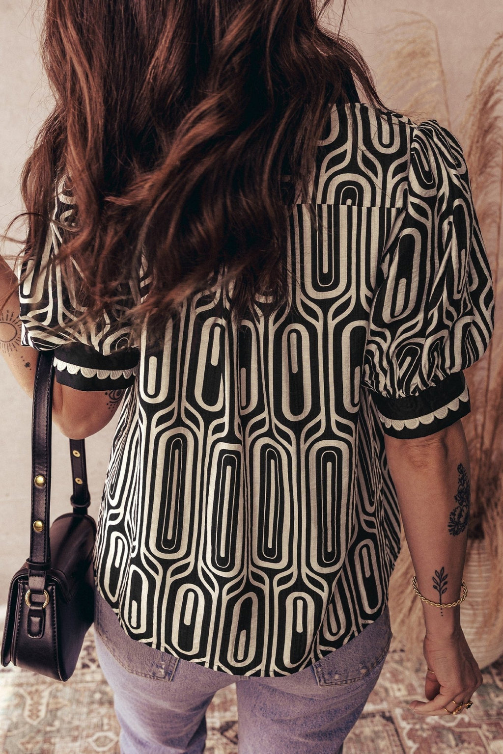 Geometric Scallop Trim Patchwork Puff Sleeve Blouse - Rooted & Reckless Co.