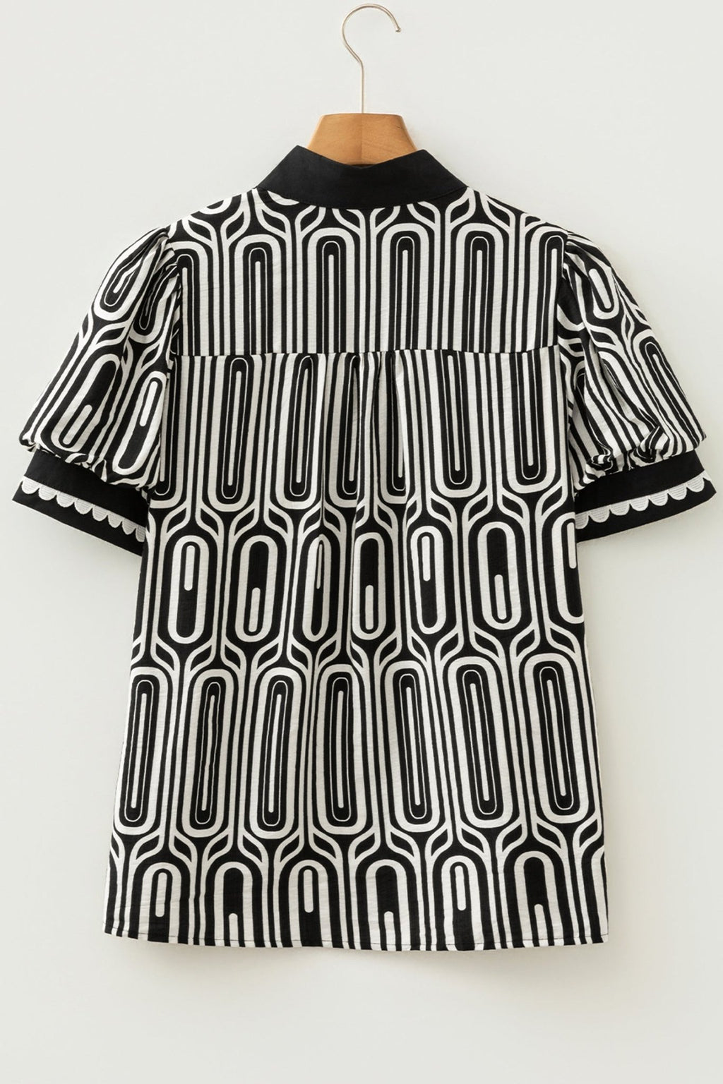 Geometric Scallop Trim Patchwork Puff Sleeve Blouse - Rooted & Reckless Co.