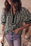 Geometric Scallop Trim Patchwork Puff Sleeve Blouse - Rooted & Reckless Co.