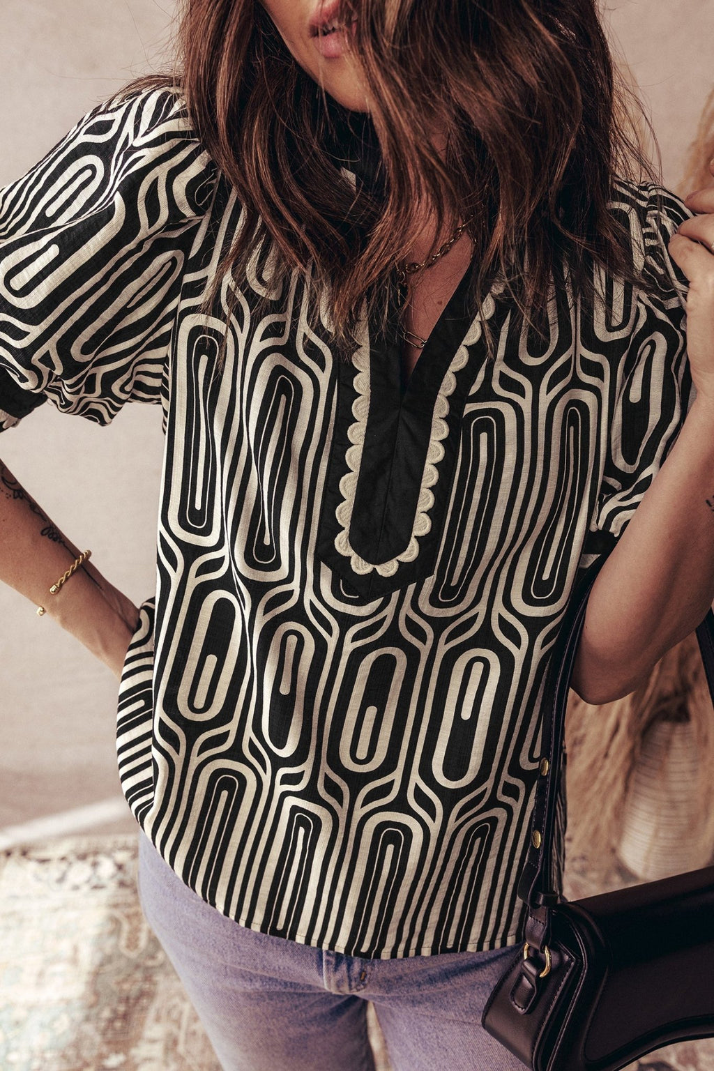 Geometric Scallop Trim Patchwork Puff Sleeve Blouse - Rooted & Reckless Co.
