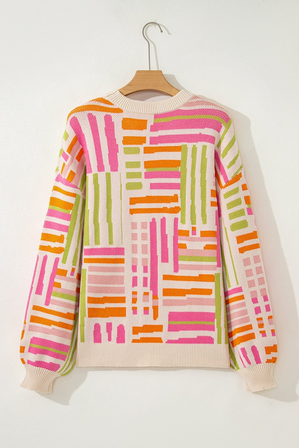 Geometric Stripe Crewneck Puff Sleeve Sweater - Rooted & Reckless Co.