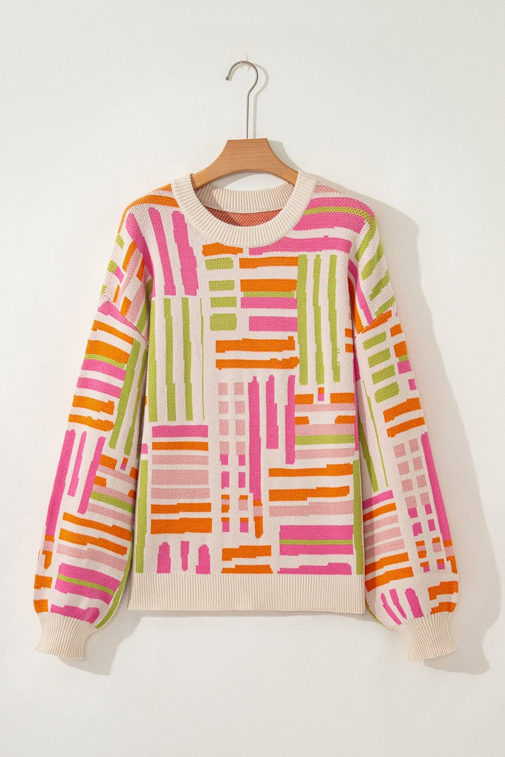 Geometric Stripe Crewneck Puff Sleeve Sweater - Rooted & Reckless Co.