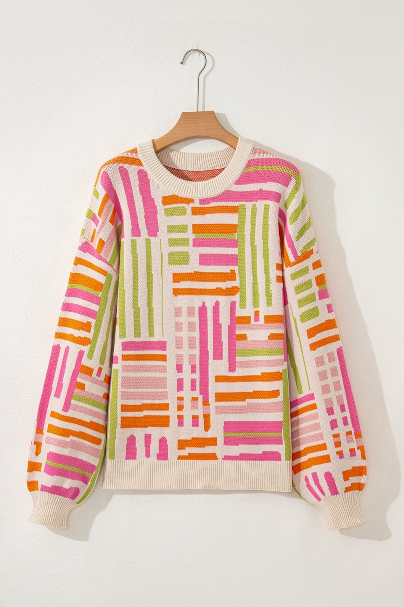 Geometric Stripe Crewneck Puff Sleeve Sweater - Rooted & Reckless Co.