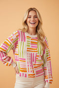 Geometric Stripe Crewneck Puff Sleeve Sweater - Rooted & Reckless Co.