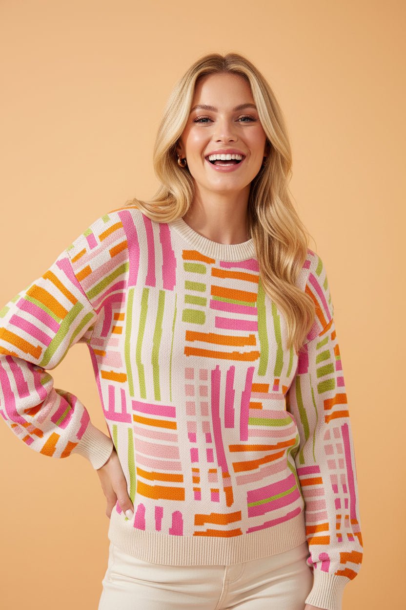 Geometric Stripe Crewneck Puff Sleeve Sweater - Rooted & Reckless Co.