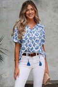 Geometric Tassel Tie V-Neck Short Sleeve Blouse - Rooted & Reckless Co.