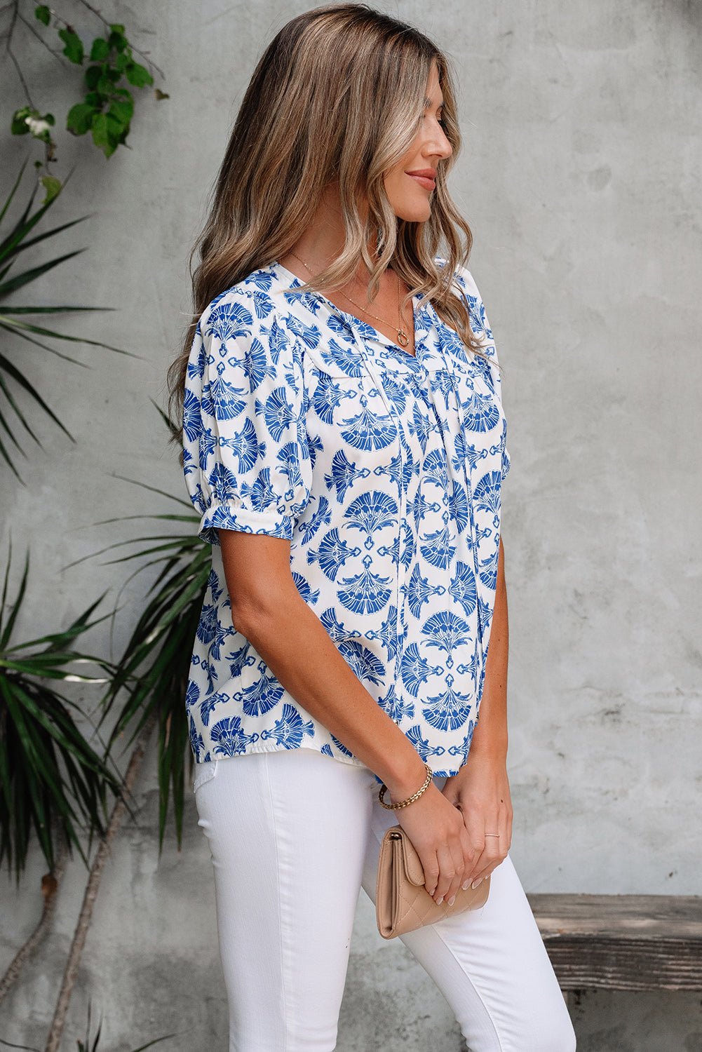 Geometric Tassel Tie V-Neck Short Sleeve Blouse - Rooted & Reckless Co.