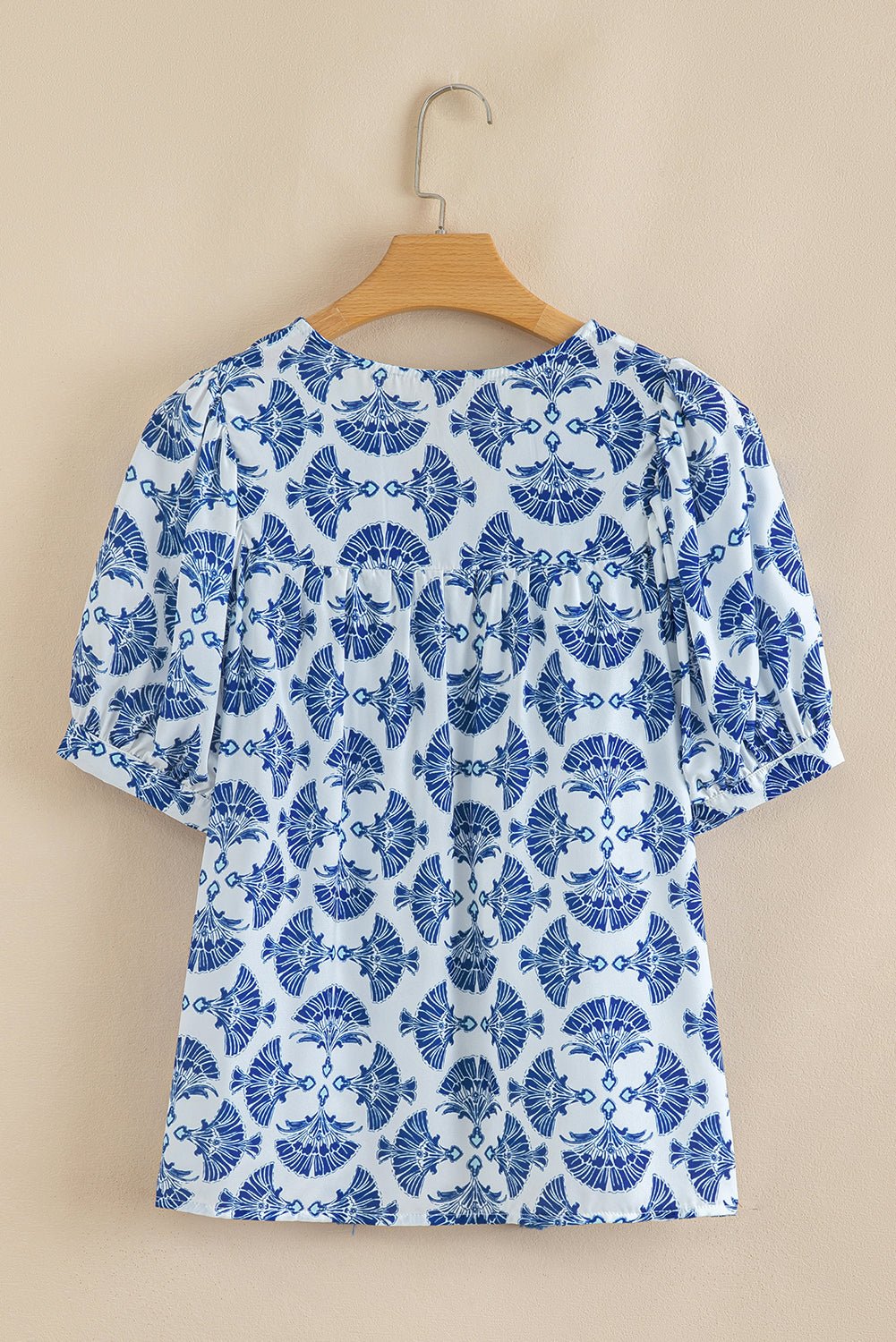 Geometric Tassel Tie V-Neck Short Sleeve Blouse - Rooted & Reckless Co.
