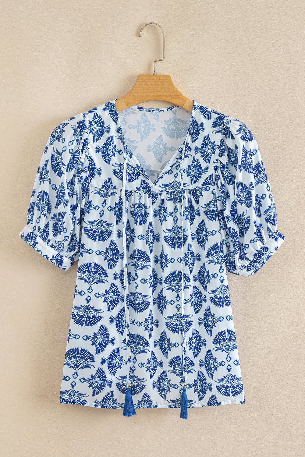 Geometric Tassel Tie V-Neck Short Sleeve Blouse - Rooted & Reckless Co.