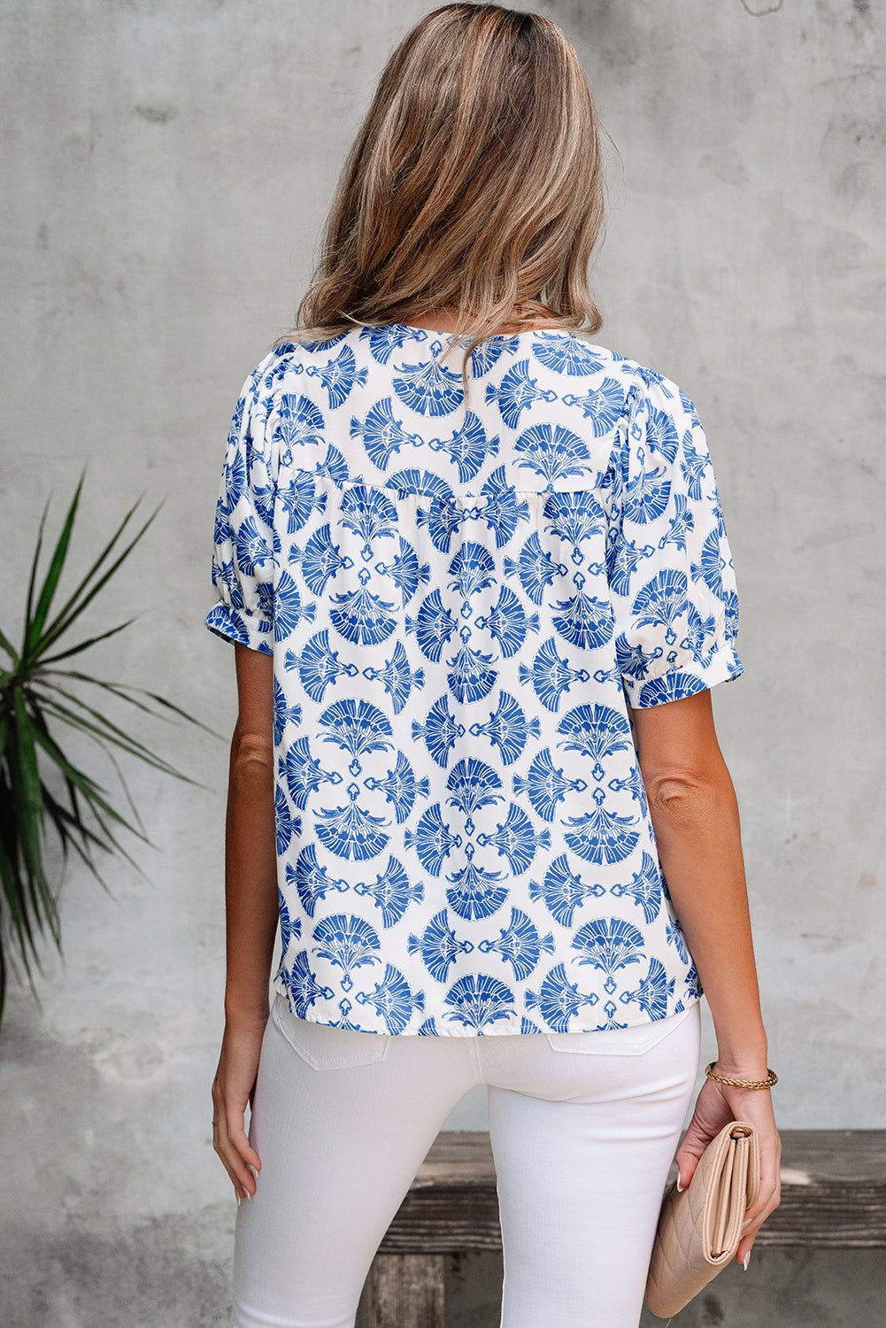 Geometric Tassel Tie V-Neck Short Sleeve Blouse - Rooted & Reckless Co.