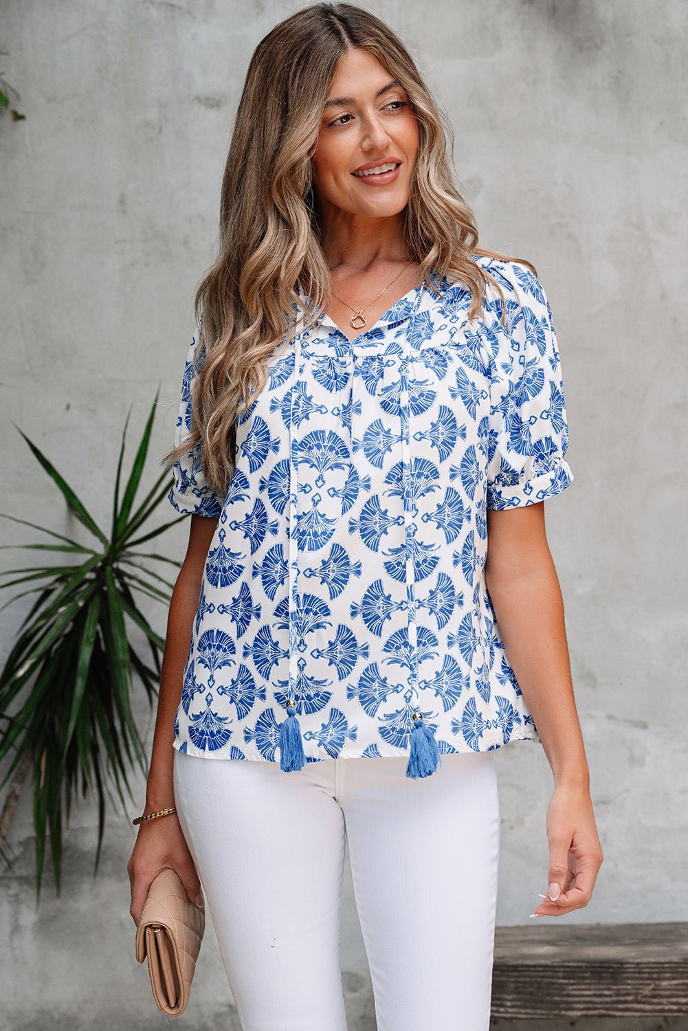Geometric Tassel Tie V-Neck Short Sleeve Blouse - Rooted & Reckless Co.