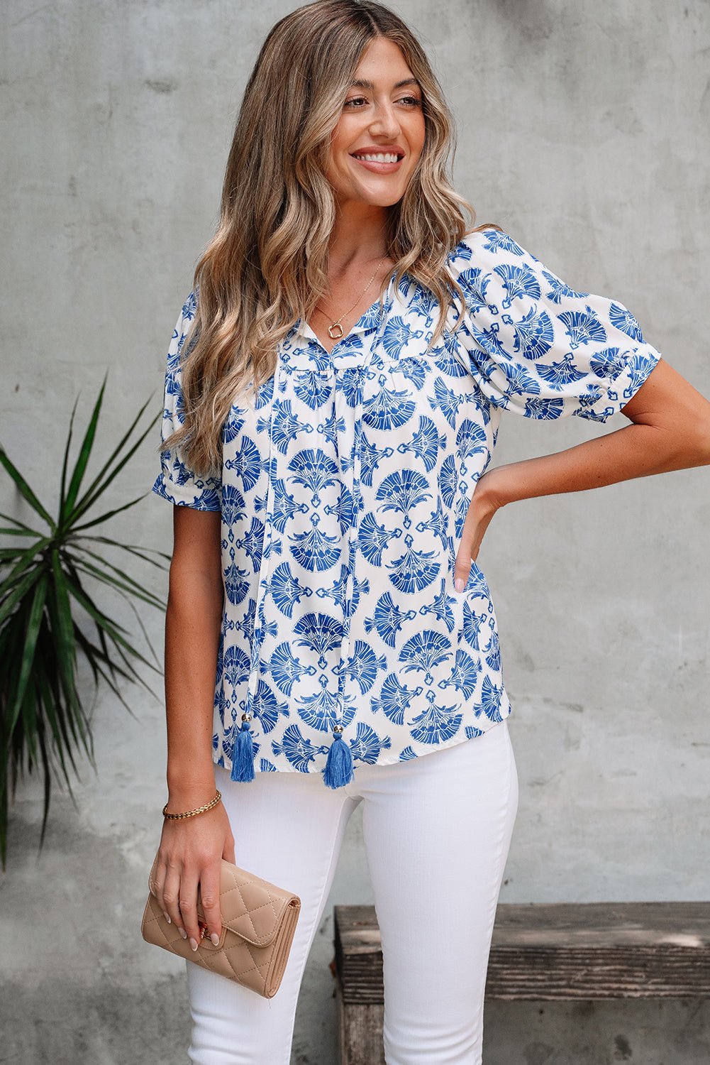 Geometric Tassel Tie V-Neck Short Sleeve Blouse - Rooted & Reckless Co.