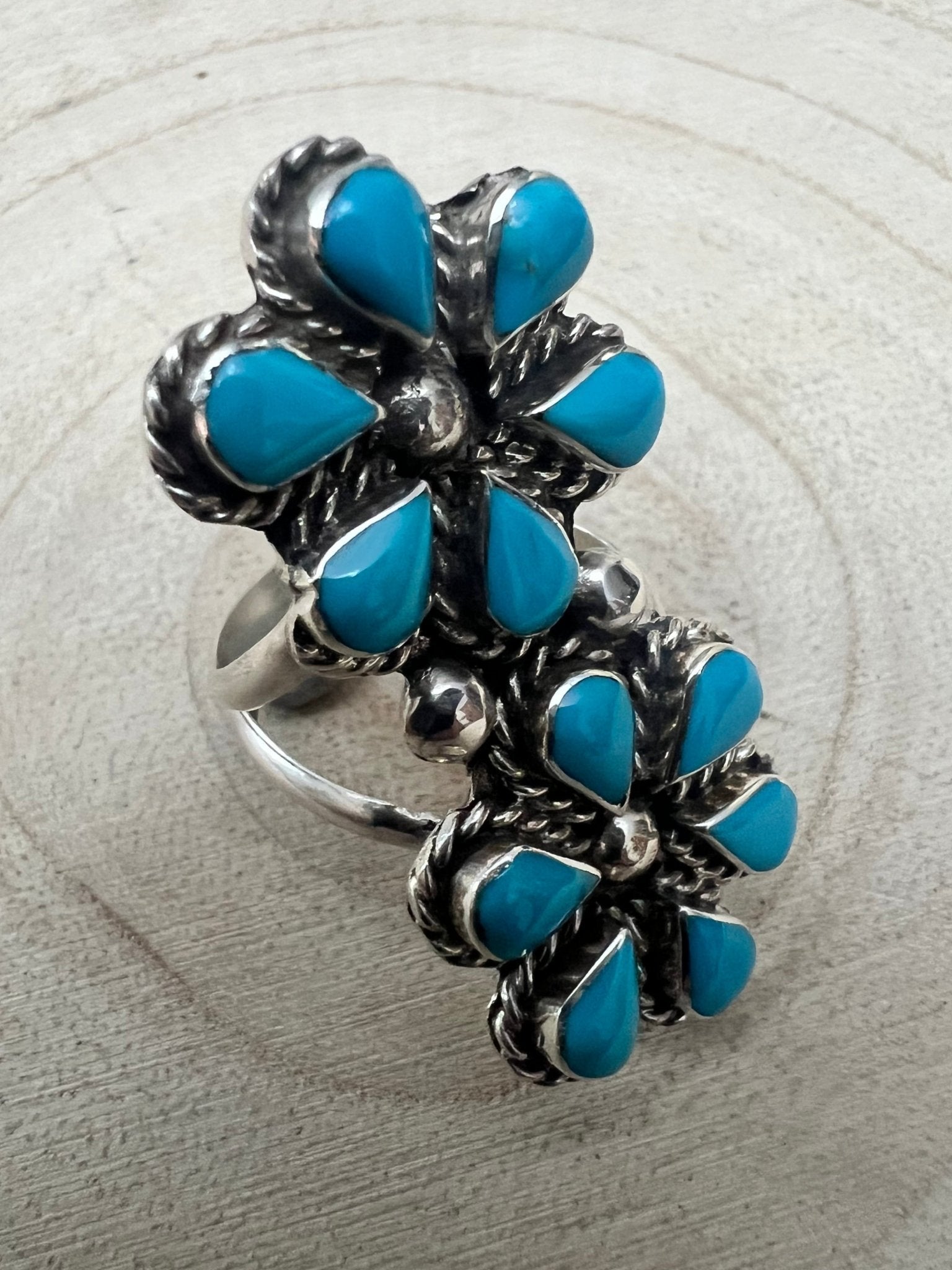Gina Dosedo Zuni Sterling Silver Ring with Turquoise — Size 7.5 & 8.5 - Rooted & Reckless Co.