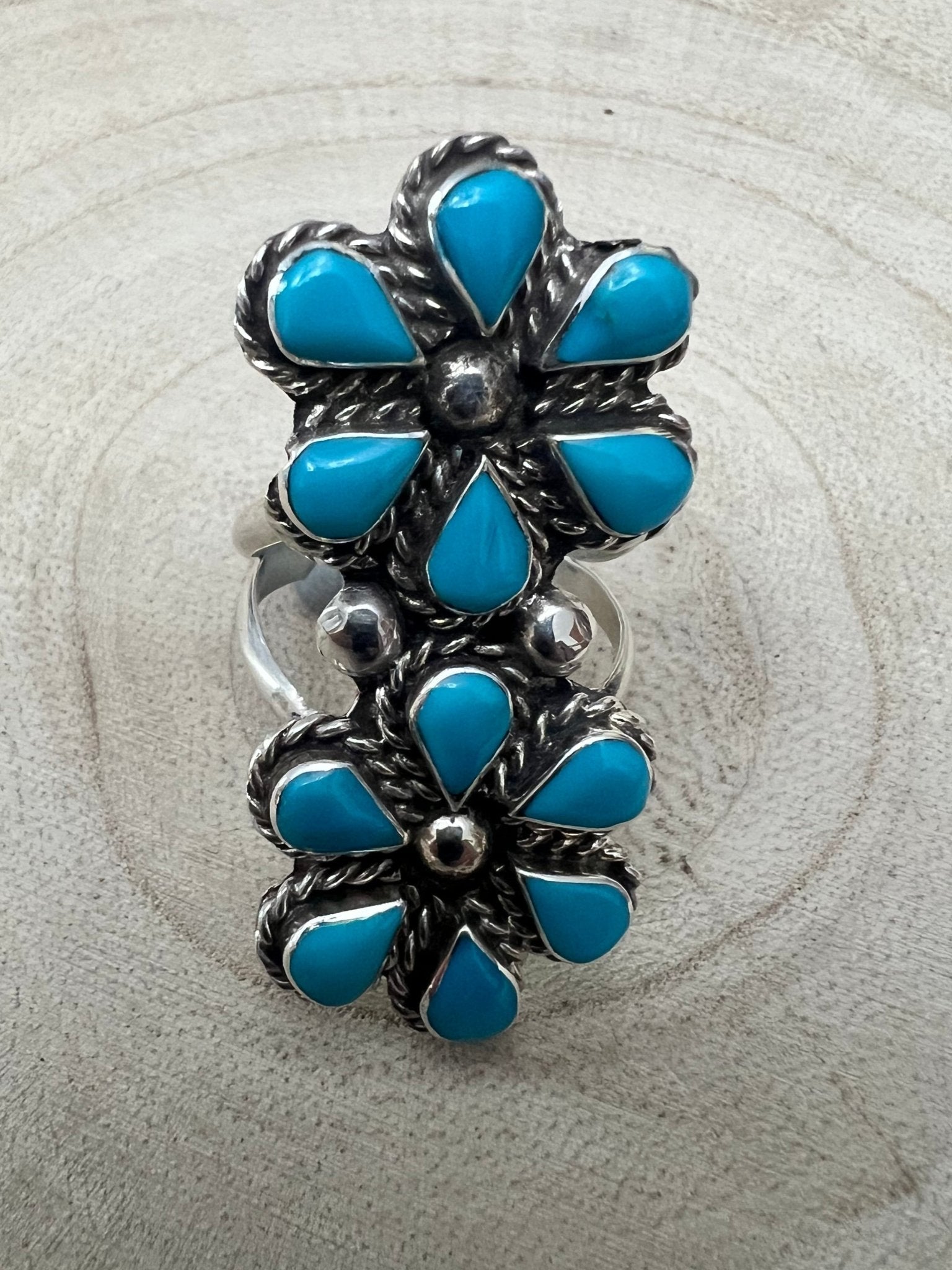 Gina Dosedo Zuni Sterling Silver Ring with Turquoise — Size 7.5 & 8.5 - Rooted & Reckless Co.