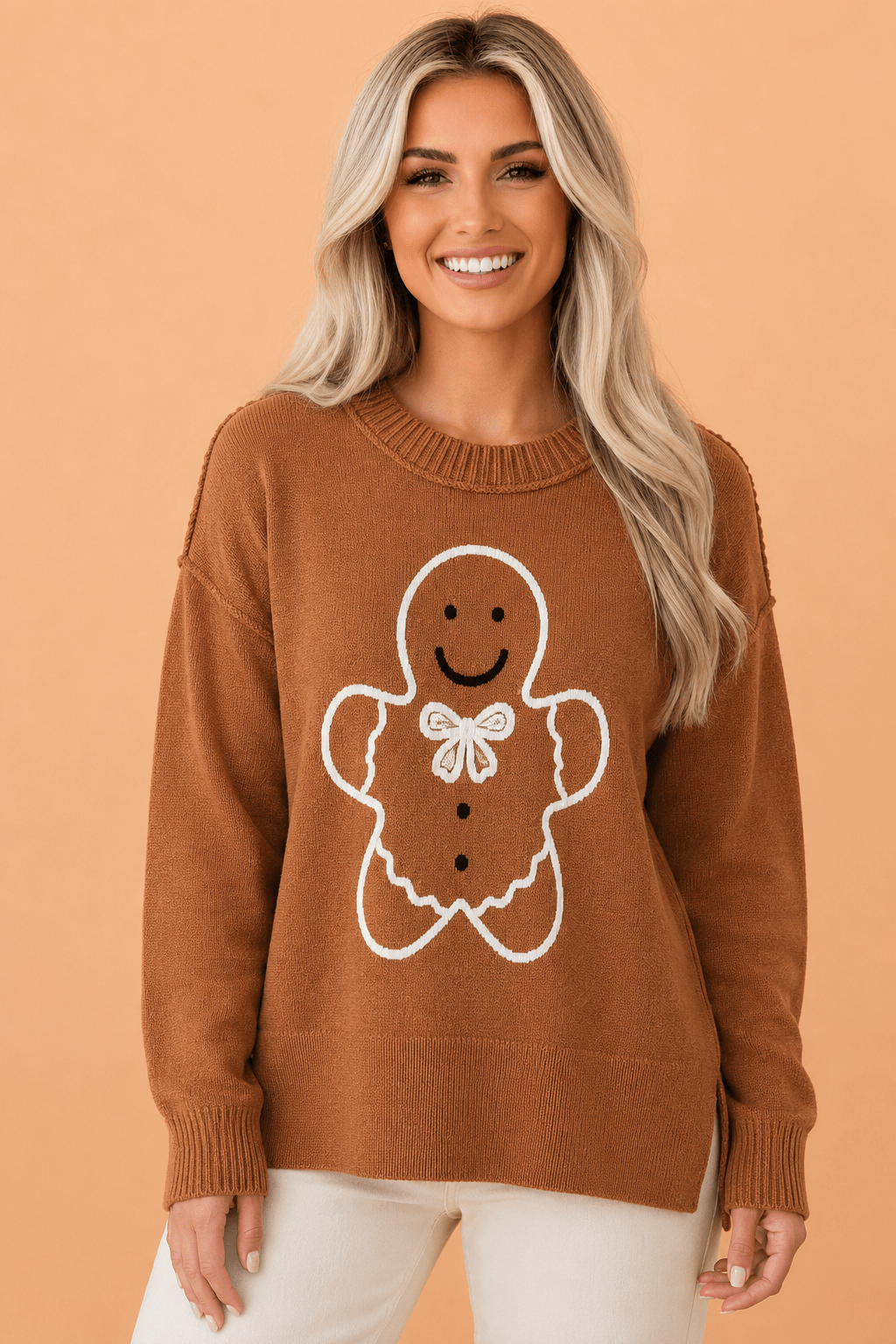 Gingerbread Drop Shoulder Oversized Christmas Sweater - Rooted & Reckless Co.