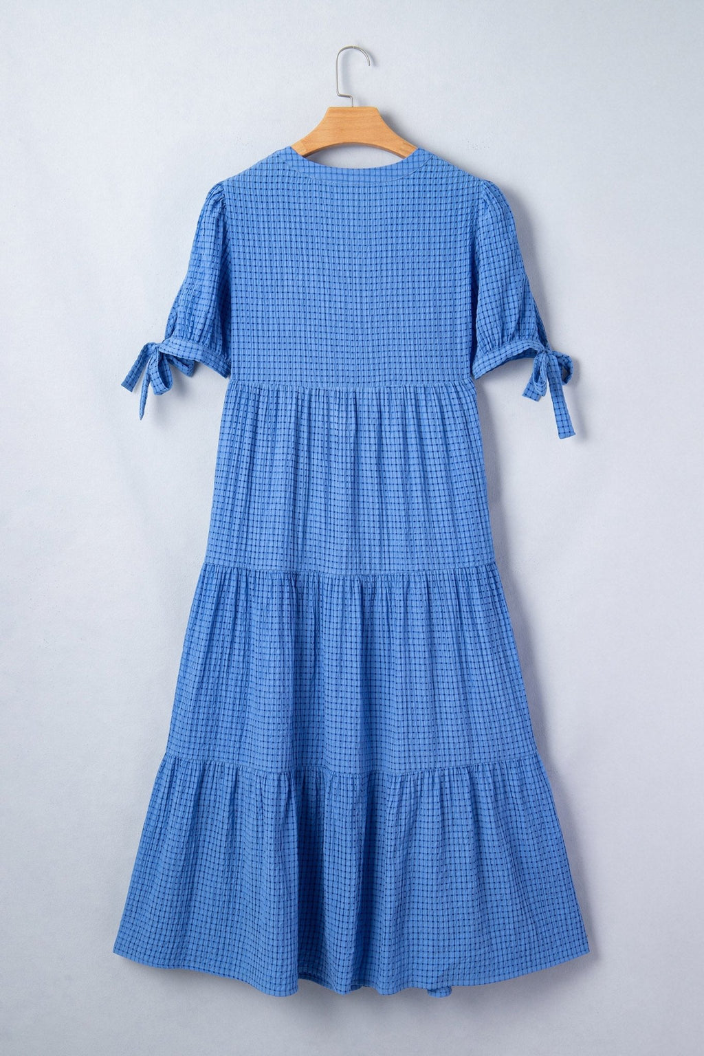 Gingham Bow Tie Short Sleeve Tiered Midi Dress - Rooted & Reckless Co.