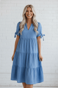 Gingham Bow Tie Short Sleeve Tiered Midi Dress - Rooted & Reckless Co.