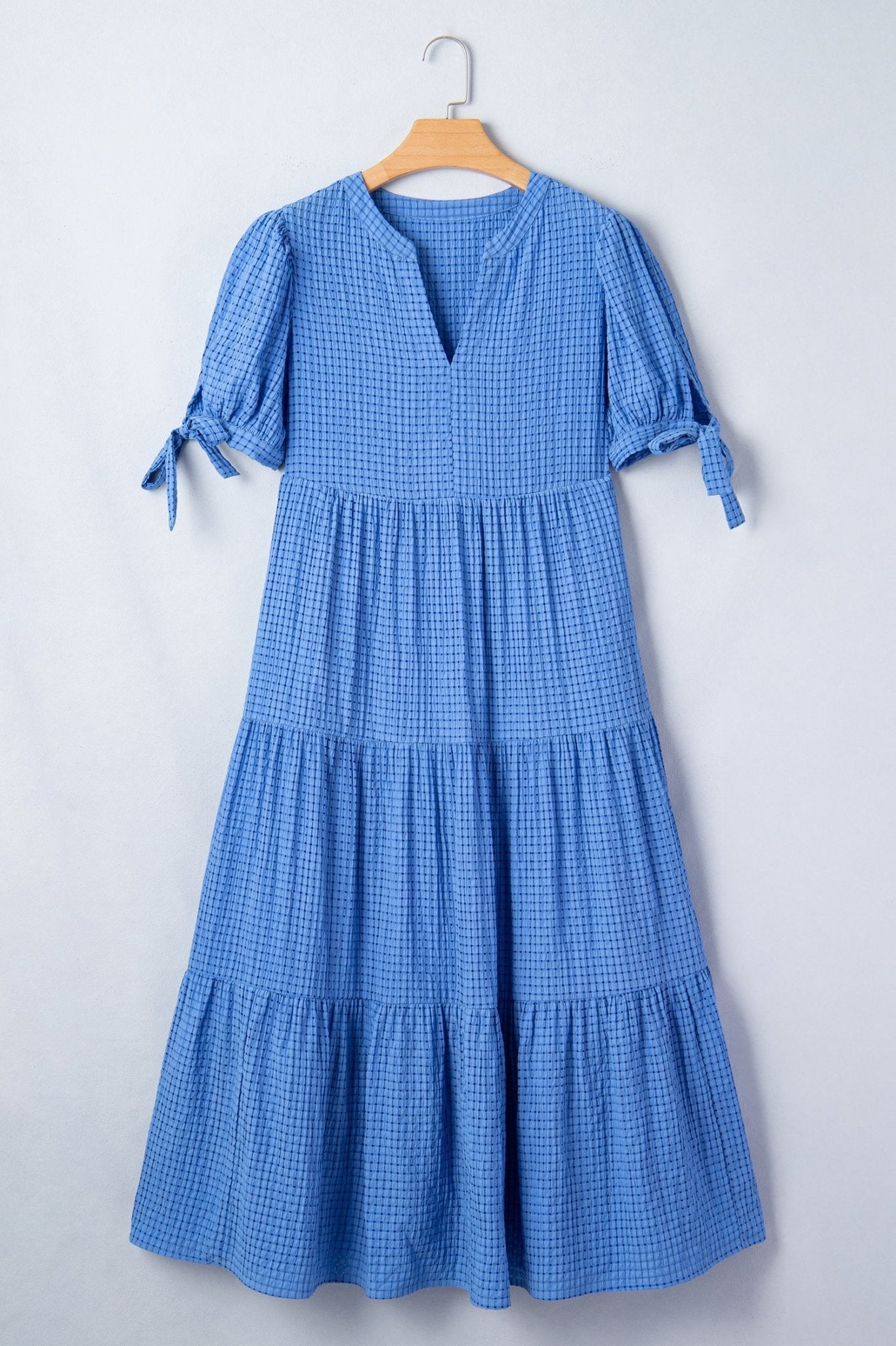 Gingham Bow Tie Short Sleeve Tiered Midi Dress - Rooted & Reckless Co.
