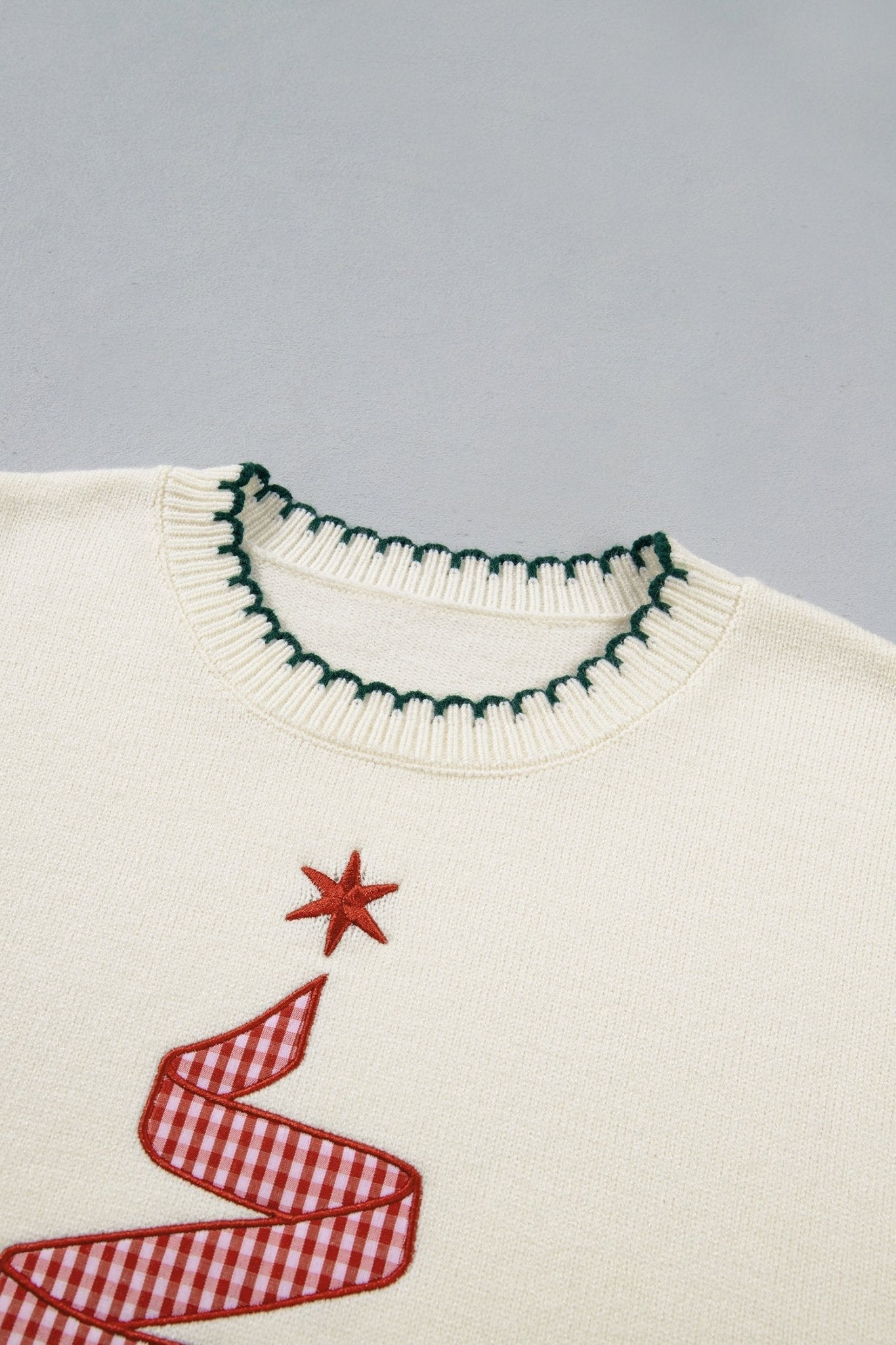 Gingham Christmas Tree Contrast Stitching Sweater - Rooted & Reckless Co.
