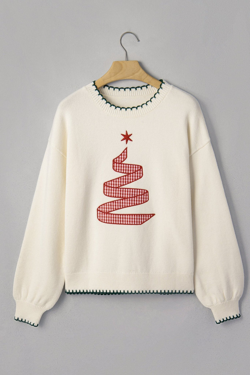 Gingham Christmas Tree Contrast Stitching Sweater - Rooted & Reckless Co.