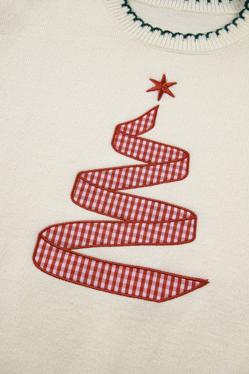 Gingham Christmas Tree Contrast Stitching Sweater - Rooted & Reckless Co.