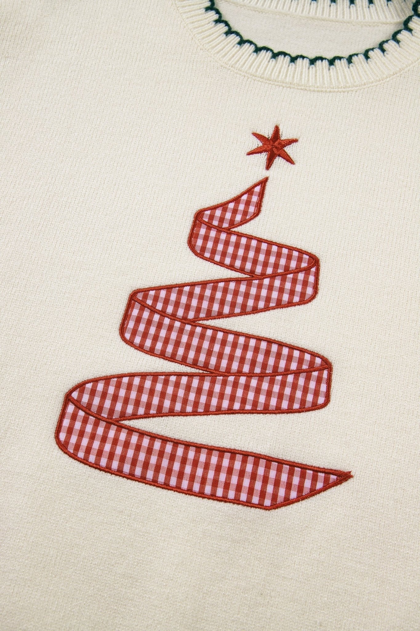 Gingham Christmas Tree Contrast Stitching Sweater - Rooted & Reckless Co.