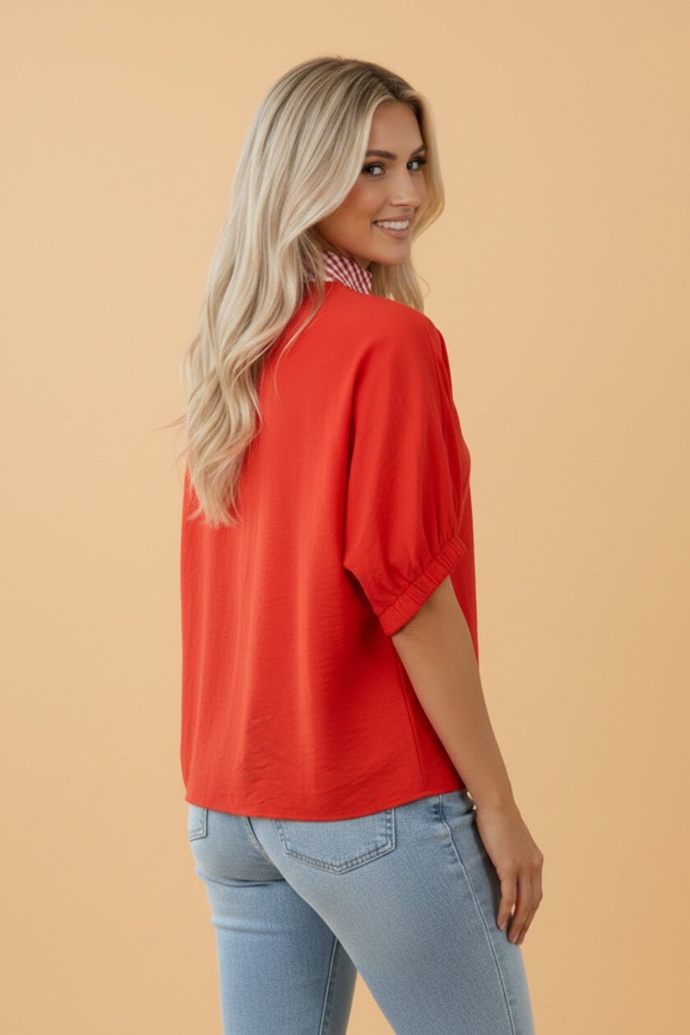 Gingham Collared V-Neck Short Sleeve Tunic Blouse - Rooted & Reckless Co.
