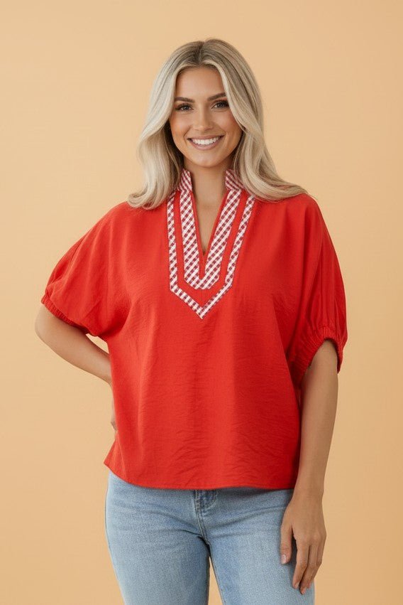 Gingham Collared V-Neck Short Sleeve Tunic Blouse - Rooted & Reckless Co.
