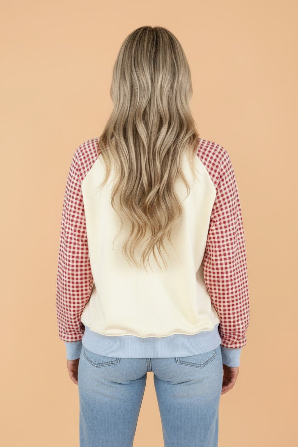 Gingham Colorblock Long Sleeve Raglan Pullover Sweatshirt - Rooted & Reckless Co.
