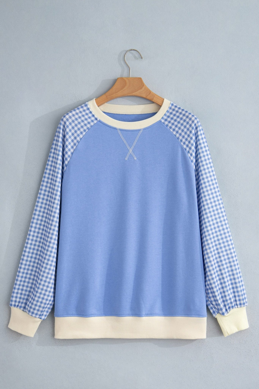 Gingham Colorblock Long Sleeve Raglan Pullover Sweatshirt - Rooted & Reckless Co.