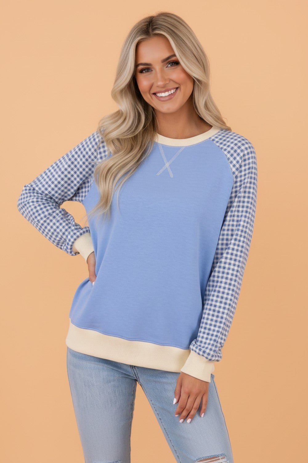 Gingham Colorblock Long Sleeve Raglan Pullover Sweatshirt - Rooted & Reckless Co.