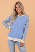 Gingham Colorblock Long Sleeve Raglan Pullover Sweatshirt - Rooted & Reckless Co.