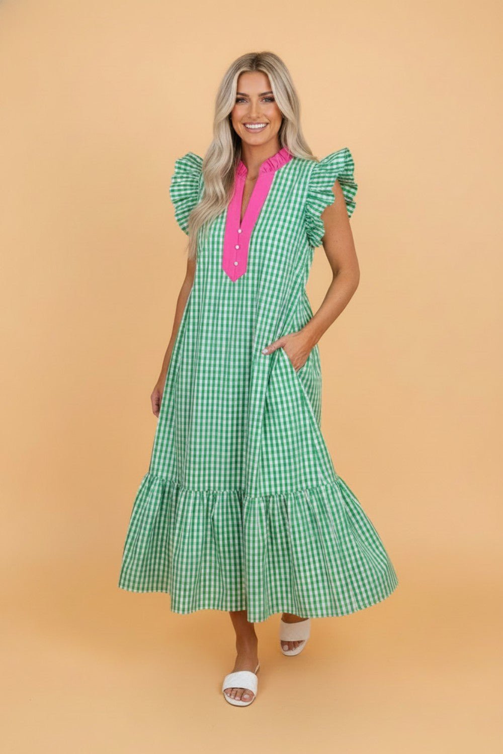 Gingham Colorblock Ruffle Sleeve Midi Dress - Rooted & Reckless Co.