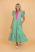 Gingham Colorblock Ruffle Sleeve Midi Dress - Rooted & Reckless Co.