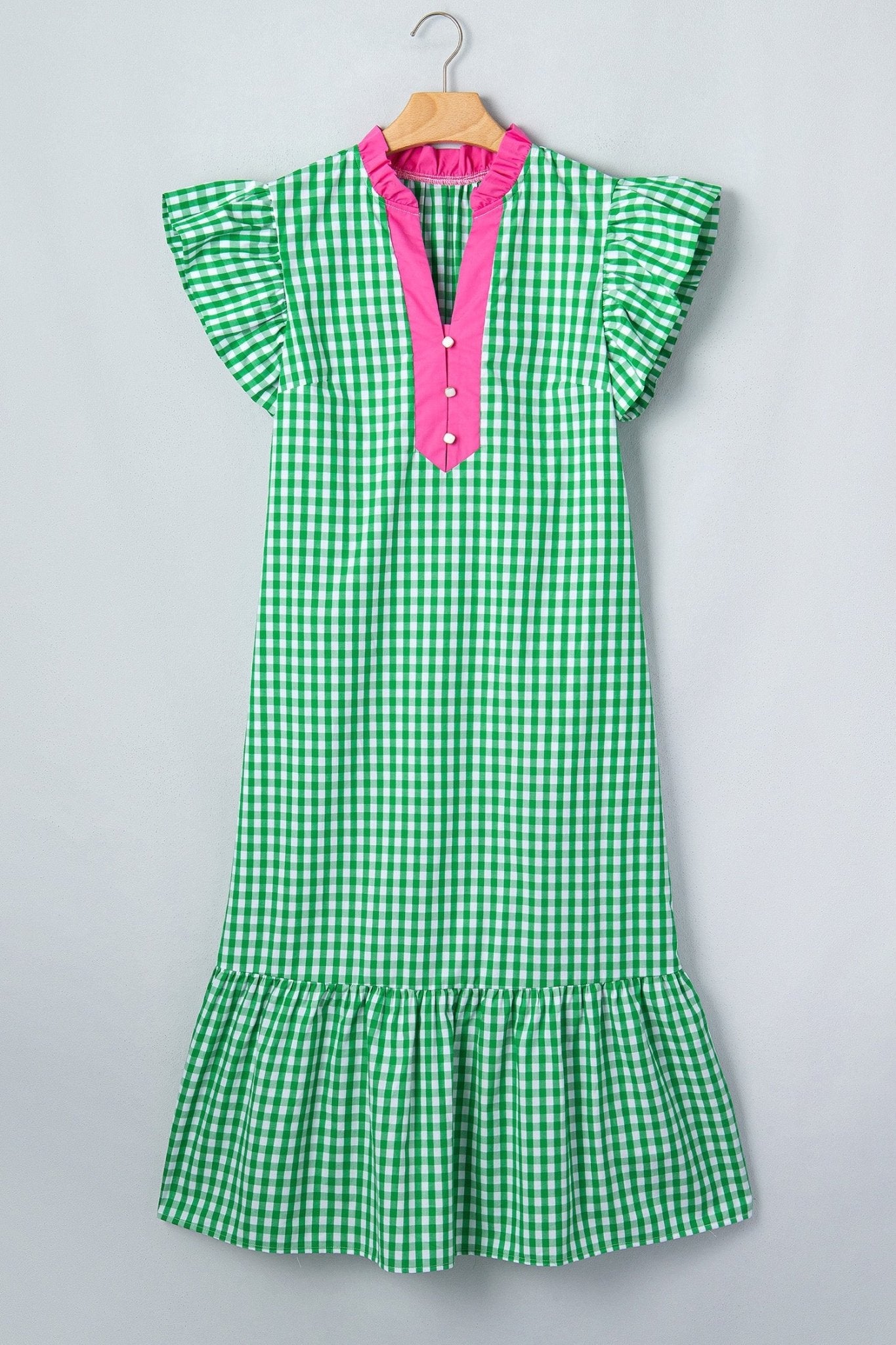 Gingham Colorblock Ruffle Sleeve Midi Dress - Rooted & Reckless Co.