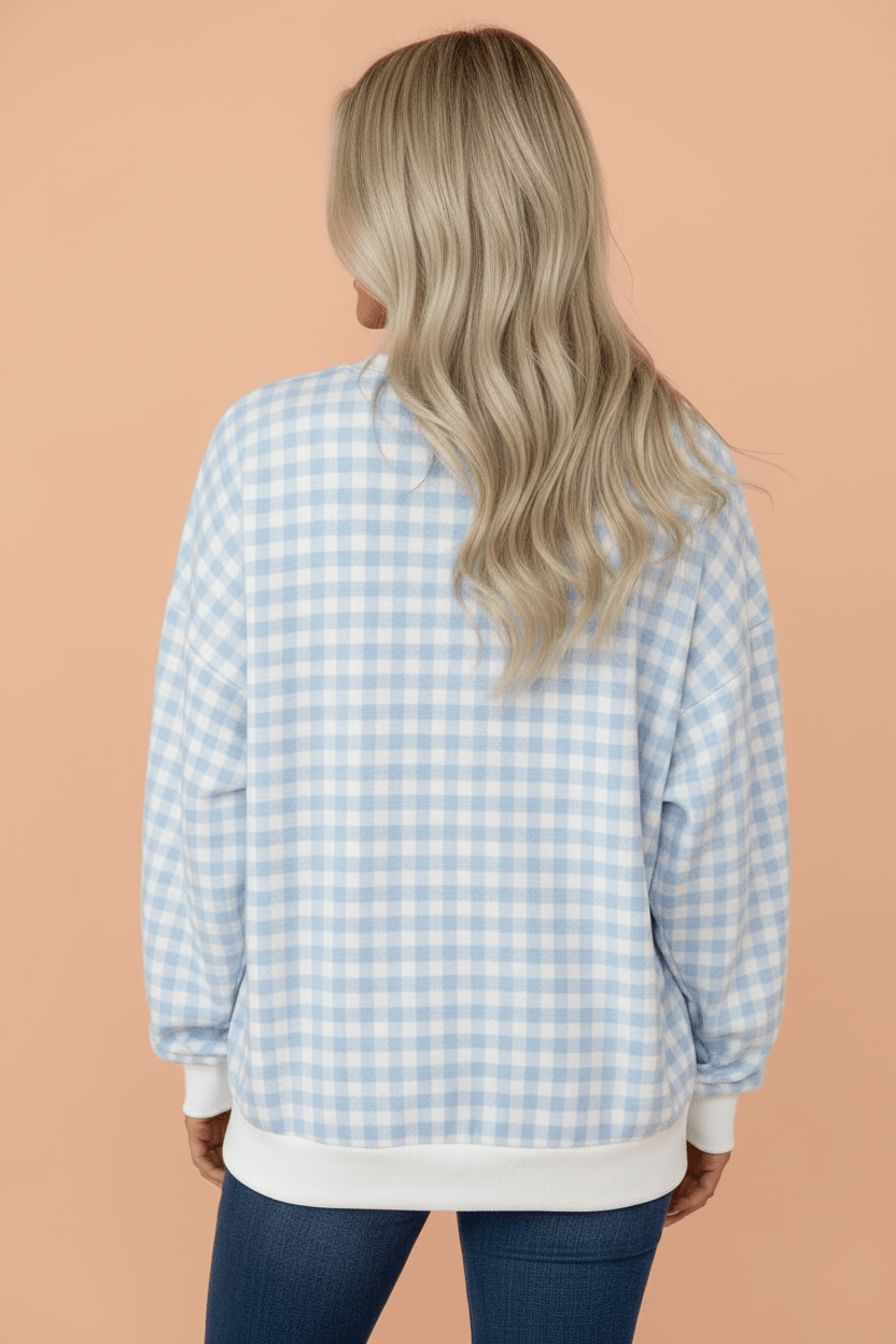 Gingham Contrast Trim Long Sleeve Sweatshirt - Rooted & Reckless Co.