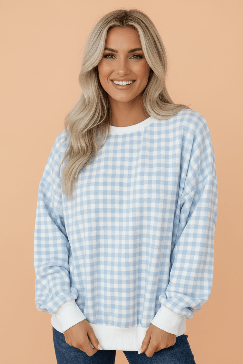 Gingham Contrast Trim Long Sleeve Sweatshirt - Rooted & Reckless Co.