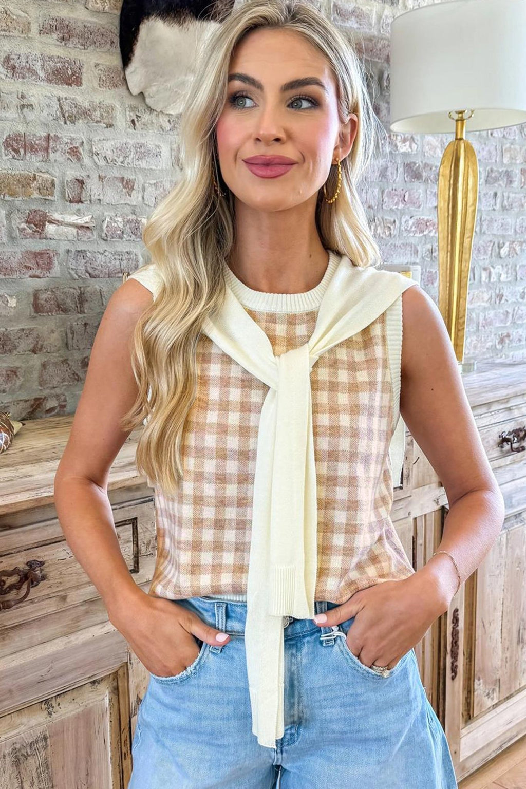 Gingham Detachable Shawl Wrap Sweater Tank - Rooted & Reckless Co.