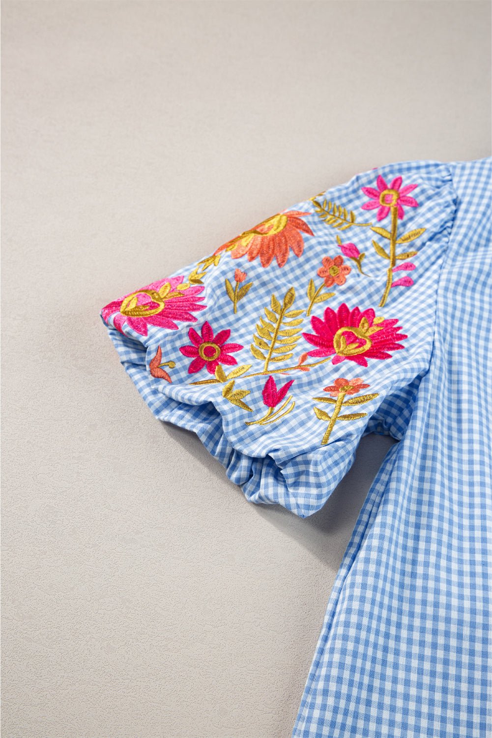 Gingham Floral Embroidered Puff Sleeve Blouse - Rooted & Reckless Co.