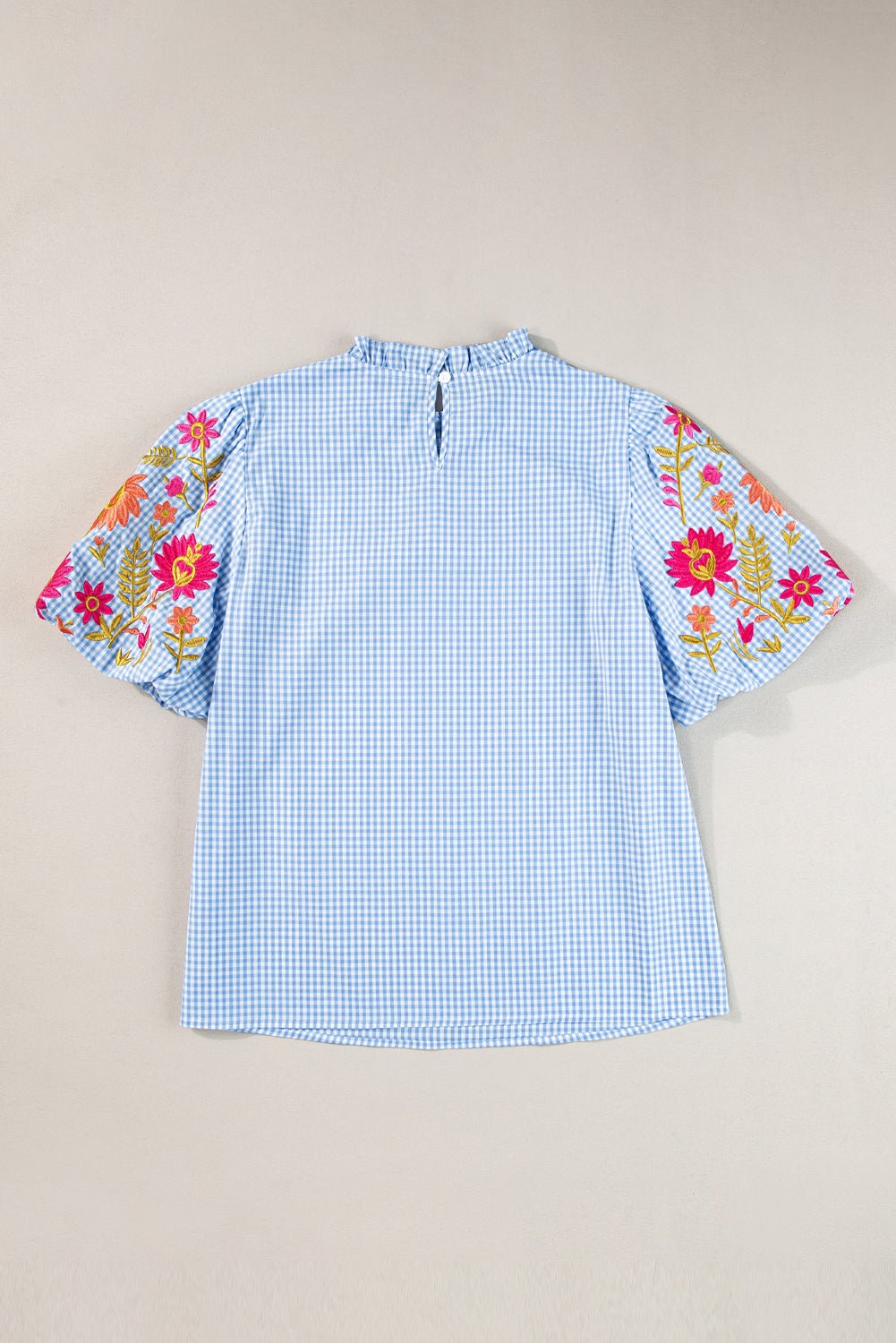 Gingham Floral Embroidered Puff Sleeve Blouse - Rooted & Reckless Co.