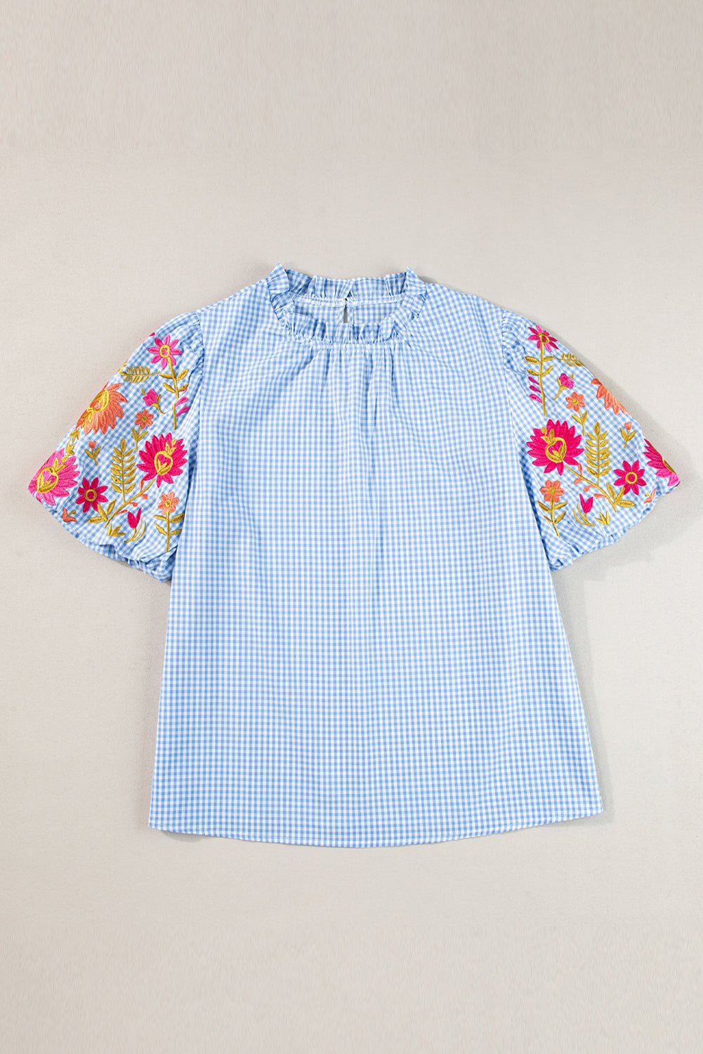 Gingham Floral Embroidered Puff Sleeve Blouse - Rooted & Reckless Co.