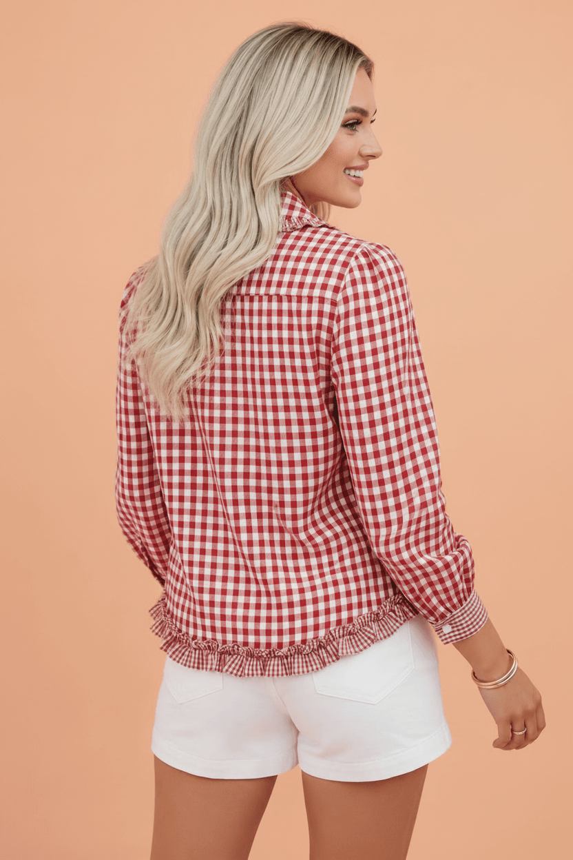 Gingham Frilled Button Down Long Sleeve Shirt - Rooted & Reckless Co.