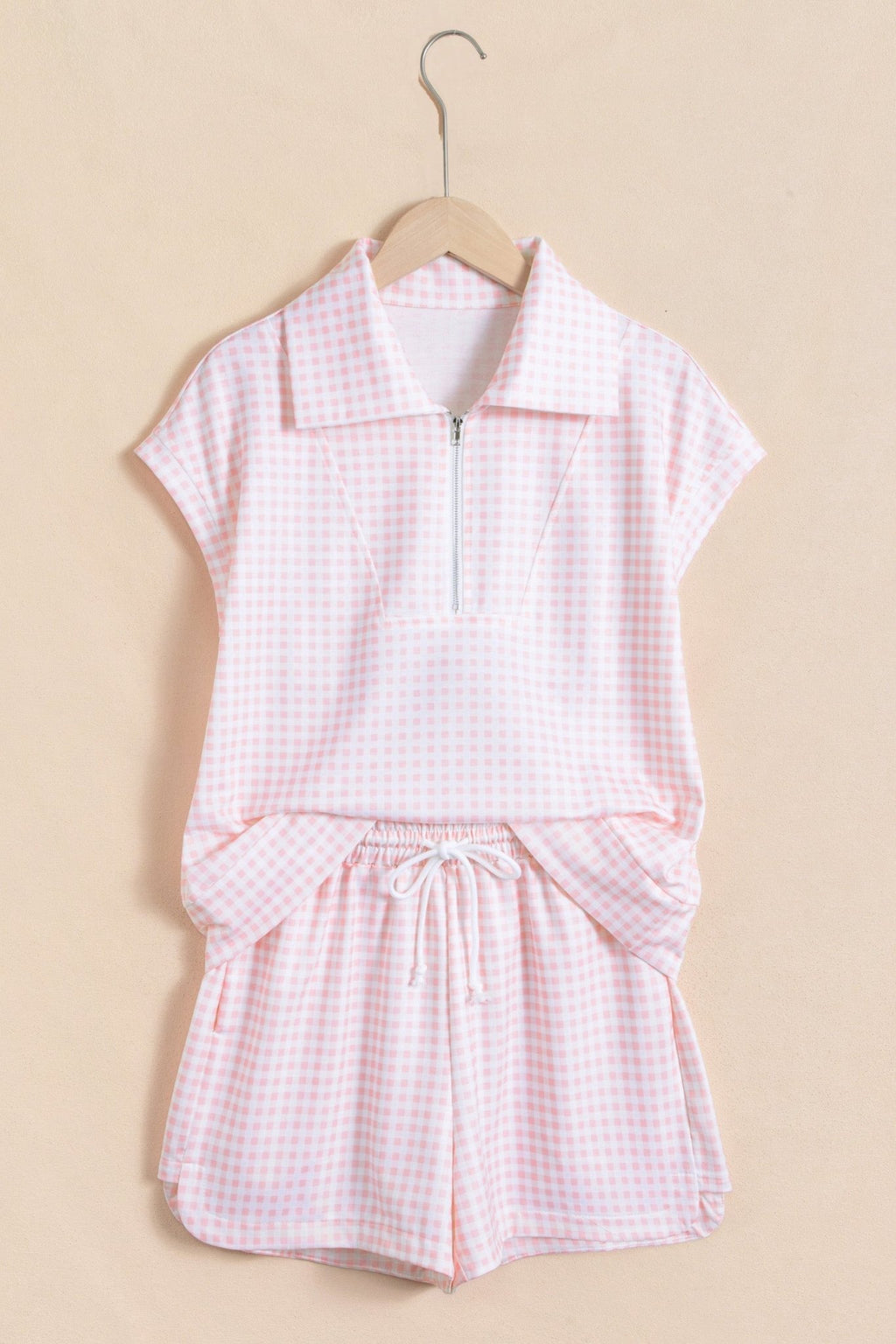 Gingham Half Zip Top & Elastic Waist Shorts Set - Rooted & Reckless Co.