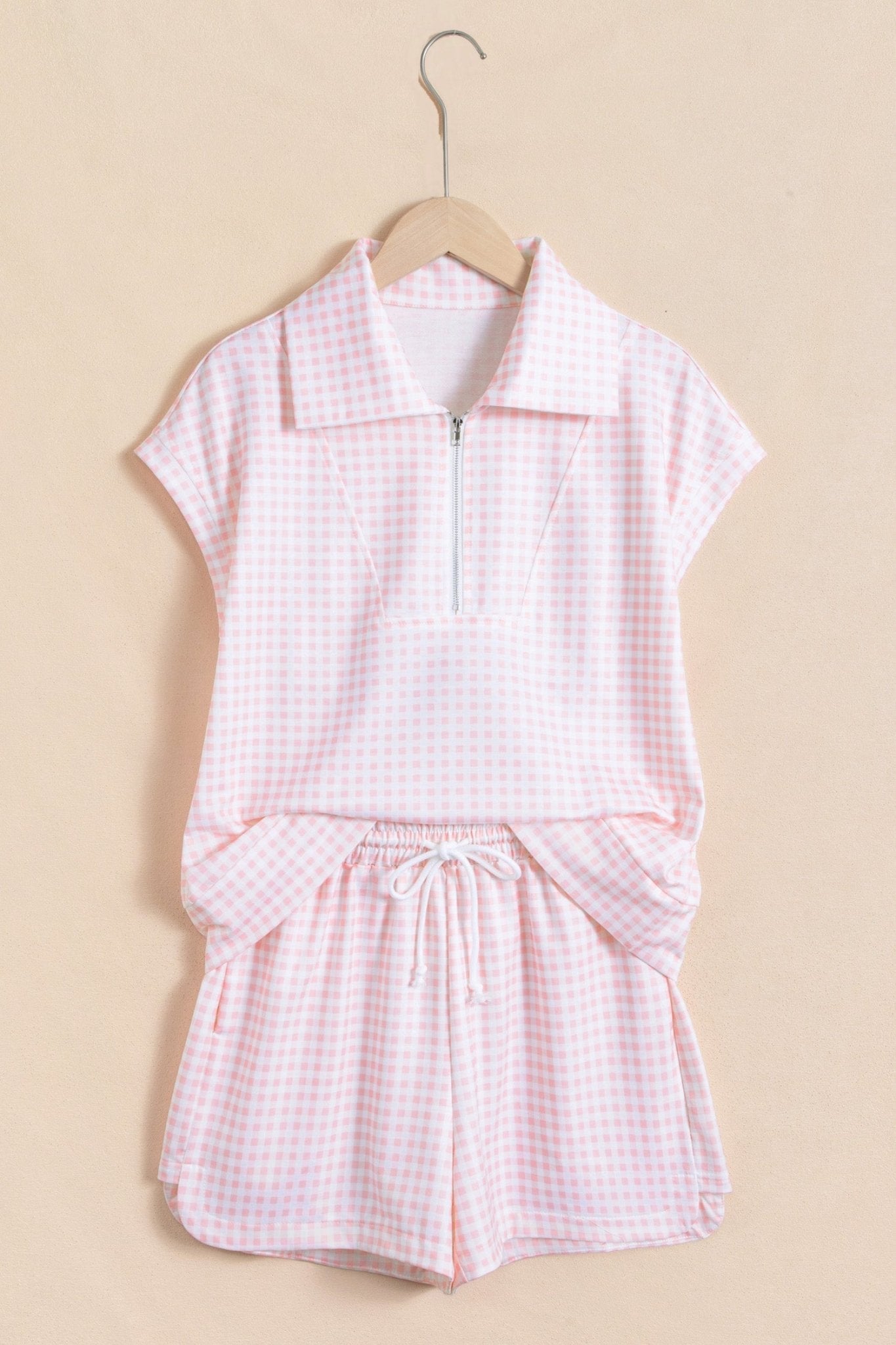 Gingham Half Zip Top & Elastic Waist Shorts Set - Rooted & Reckless Co.