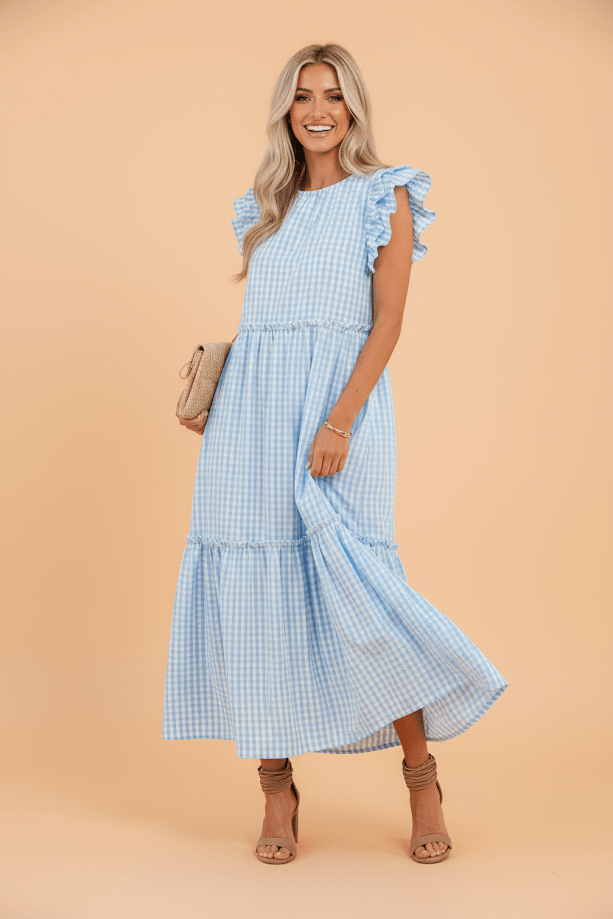 Gingham Knot Back Ruffle Short Sleeve Maxi Dress - Rooted & Reckless Co.