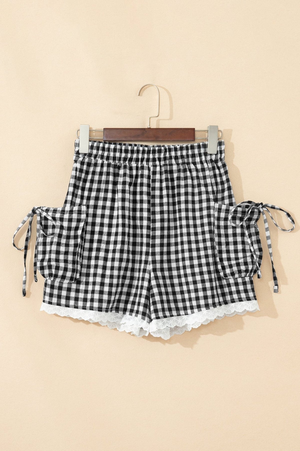 Gingham Lace Trim Pouch Pocket Shorts - Rooted & Reckless Co.