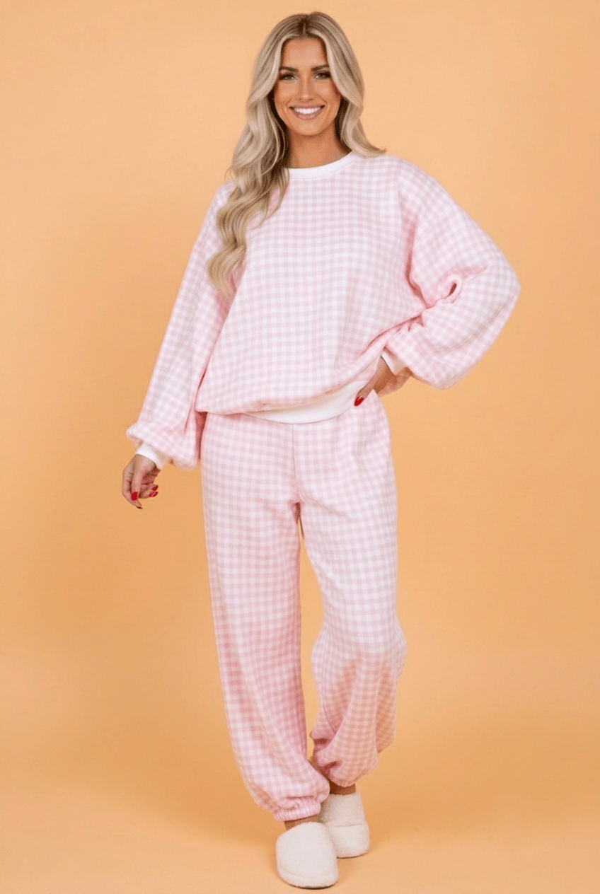 Gingham Long Sleeve Top & Gathered Hem Pants Set - Rooted & Reckless Co.