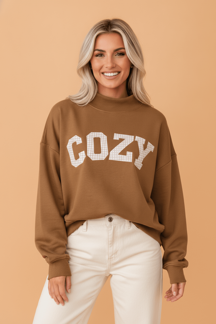 Gingham Patch Embroidered Mock Neck Sweatshirt - Rooted & Reckless Co.